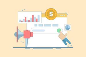SEO Analysis Concept, SEO tool showing website statistics, and digital marketing strategy analysis with graphs and charts. Flat cartoon design illustration with icons on background. vector