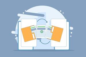 File sharing or file transfer concept. Data transfer, open folder icon, Folder contains documents, Documents transfer files from folder, flat design illustration. vector