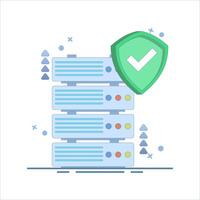 Server data security concept. Data Server with Shield. Secure Data Concept. secure server. Data Center and data protection. Cyber Security Technology, flat design illustration on background. vector