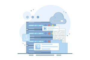 Cloud service concept. Data storage. Files uploaded to cloud storage. Uploading files, storage and processing of scene data sets. Flat Cartoon design illustration on background. vector