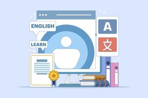 Online English education courses with PC Computer, certification framework, books, private tutor services, internet classes, online teaching. Online tutorials. Digital marketing. Design illustrations. vector