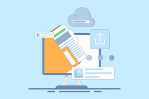 Cloud service concept. Data storage. Files uploaded to cloud storage. Uploading files, storage and processing of scene data sets. Flat Illustration. vector