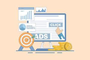 Pay per click concept for websites. Advertising on the internet, clicking on ads, pay per click system. PPC advertising strategies, clicking on ads and more. Flat design illustration on background. vector