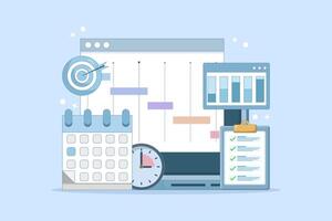 Project Management Concept, software development planning, resource and budget planning, project schedule diagram, gantt chart for work deadline, project management software. cartoon design vector
