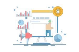 SEO Analysis Concept, SEO tool showing website statistics, and digital marketing strategy analysis with graphs and charts. Flat cartoon design illustration on background. vector