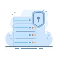Server data security concept. Data Server with Shield. Secure Data Concept. secure server. Data Center and data protection. Cyber Security Technology, flat illustration on background. vector