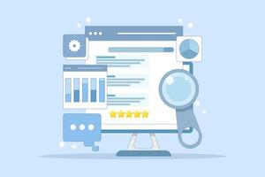 Website SEO concept, Search engine ranking, Website optimization to rank higher on search engine result pages, search engine customer reviews. Flat cartoon design illustration on background. vector