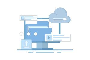 Cloud service concept. Data storage. Files uploaded to cloud storage. Uploading files, storage and processing of landscape data sets. Flat design illustration. vector