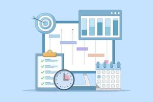 Project Management Concept, software development planning, resource and budget planning, project schedule diagram, gantt chart for work deadline, project management software. flat design illustration. vector
