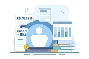 Online English education courses with PC Computer, certification framework, books, private tutor services, internet classes, online teaching. Online tutorials. Digital marketing. flat illustration. vector
