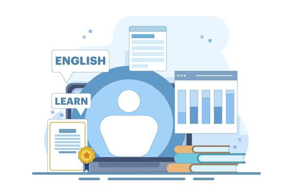 Online English education courses with PC Computer, certification framework, books, private tutor services, internet classes, online teaching. Online tutorials. Digital marketing. flat illustration.