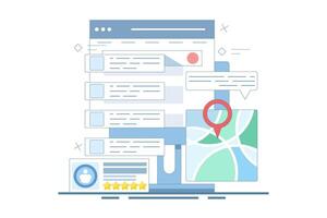 SEO Optimization Concept, Business address in search engine map, Website SEO, Store location in search results. Sitemap creation process. Flat design illustration on background. vector