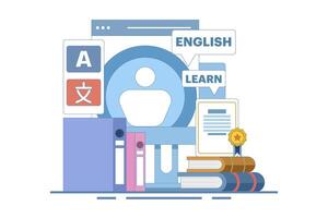 Online English education courses with PC Computer, certification framework, books, private tutor services, internet classes, online teaching. Online tutorials. Digital marketing. Cartoon design. vector