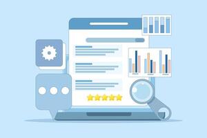 Website SEO concept, Search engine ranking, Website optimization to rank higher on search engine result pages, search engine customer reviews. Flat design illustration on background. vector