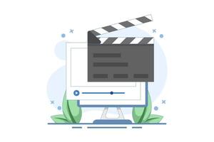 film editing concept created on pc computer, flat graphic illustration, online motion content production, digital montage image, clip art, animation studio design. simple design. vector
