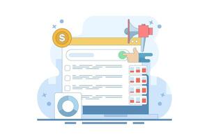 SEO Analysis Concept, SEO tool showing website statistics, and digital marketing strategy analysis with graphs and charts. Flat cartoon design illustration with icons. vector
