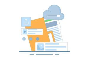 Cloud service concept. Data storage. Files uploaded to cloud storage. Uploading files, storage and processing of scene data sets. Flat Cartoon design illustration. vector