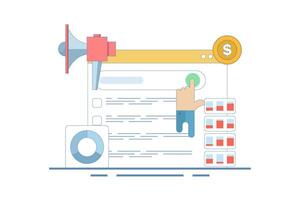 SEO Analysis Concept, SEO tool showing website statistics, and digital marketing strategy analysis with graphs and charts. Flat design illustration with icons. vector