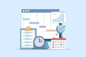 Project Management Concept, software development planning, resource and budget planning, project schedule diagram, gantt chart for work deadline, project management software. flat illustration. vector