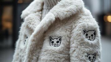 A white fur coat with black cat embroidery photo