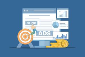 Pay per click concept for websites. Advertising on the internet, clicking on ads, pay per click system. PPC advertising strategies, clicking on ads and more. Flat illustration on background. vector