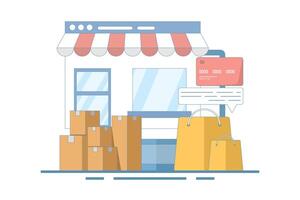 Online shopping concept on website or mobile app, digital marketing and marketing. Online shopping store on website. Digital store promotion, online payment, delivery, sales. Simple illustration. vector