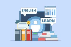 Online English education courses with PC Computer, certification framework, books, private tutor services, internet classes, online teaching. Online tutorials. Digital marketing. flat design. vector