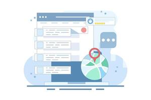 SEO Optimization Concept, Business address in search engine map, Website SEO, Store location in search results. Sitemap creation process. Flat illustration on background. vector
