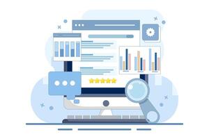 Website SEO concept, Search engine ranking, Website optimization to rank higher on search engine result pages, search engine customer reviews. Flat illustration on background. vector