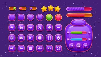 Colorful candy themed game interface featuring cartoon style menus, settings, and options. Perfect for 2D app designs, this set offers vibrant and engaging templates. vector