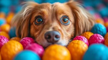 Adorable Dog Curiously Gazing Through Colorful Chew Toy photo