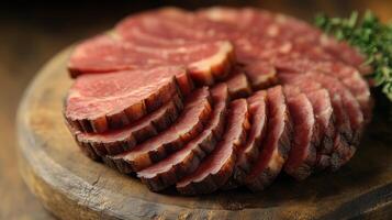 Sliced beef on a wooden cutting board photo