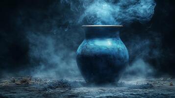 A blue vase with smoke coming out of it photo