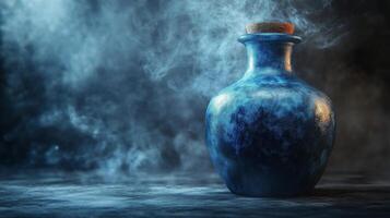 A blue bottle with smoke coming out of it photo