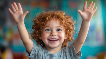 An energetic young child with curly red hair photo