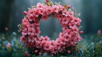Pink flowers are arranged in a circle on a green field photo