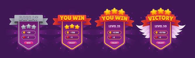 Set of game UI Level Win Popup. Victory Badge with Trophy Design. Tournament or Competition Interface Featuring Gold Coins on a Vibrant Purple Background. vector