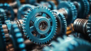 A blue and white image of gears and other mechanical parts photo