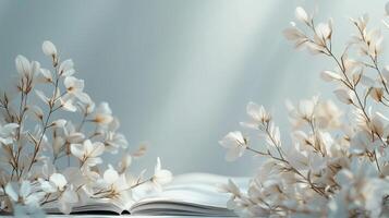 An open book with flowers on a table photo