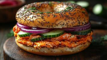 A delectable bagel sandwich featuring smoked salmon photo