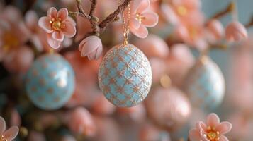 A creative Easter tree decorated with hanging eggs and bunny ornaments photo