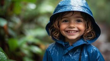 A young boy in a raincoat smiles while standing in the rain photo