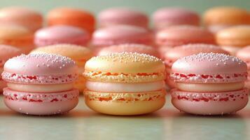 A row of colorful macarons on a table photo