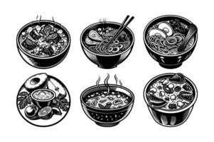 Delicious Soup and Stew Set on White Background Guacamole, Lentil, Clam Chowder, Beef Stew, Ramen, and Pho Illustrations vector