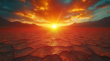 A desolate desert landscape with a sun setting in the background photo