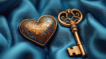 Golden key and heart on blue satin photo