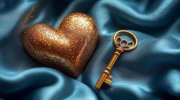 Golden heart and key on blue satin photo
