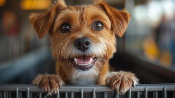 A dog is sitting in a cage with its head sticking out photo