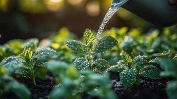 A hand watering green plants in sunlit garden photo