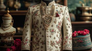 A luxurious wedding suit in cream, detailed with gold embroidery photo